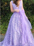 Lavender A Line V Neck Appliques Prom Dresses LBQ1422